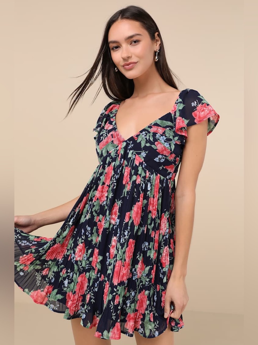 NWT Amalfi Coast Dark Navy Floral Pleated Flutter Sleeve Mini Dress 
Size: small